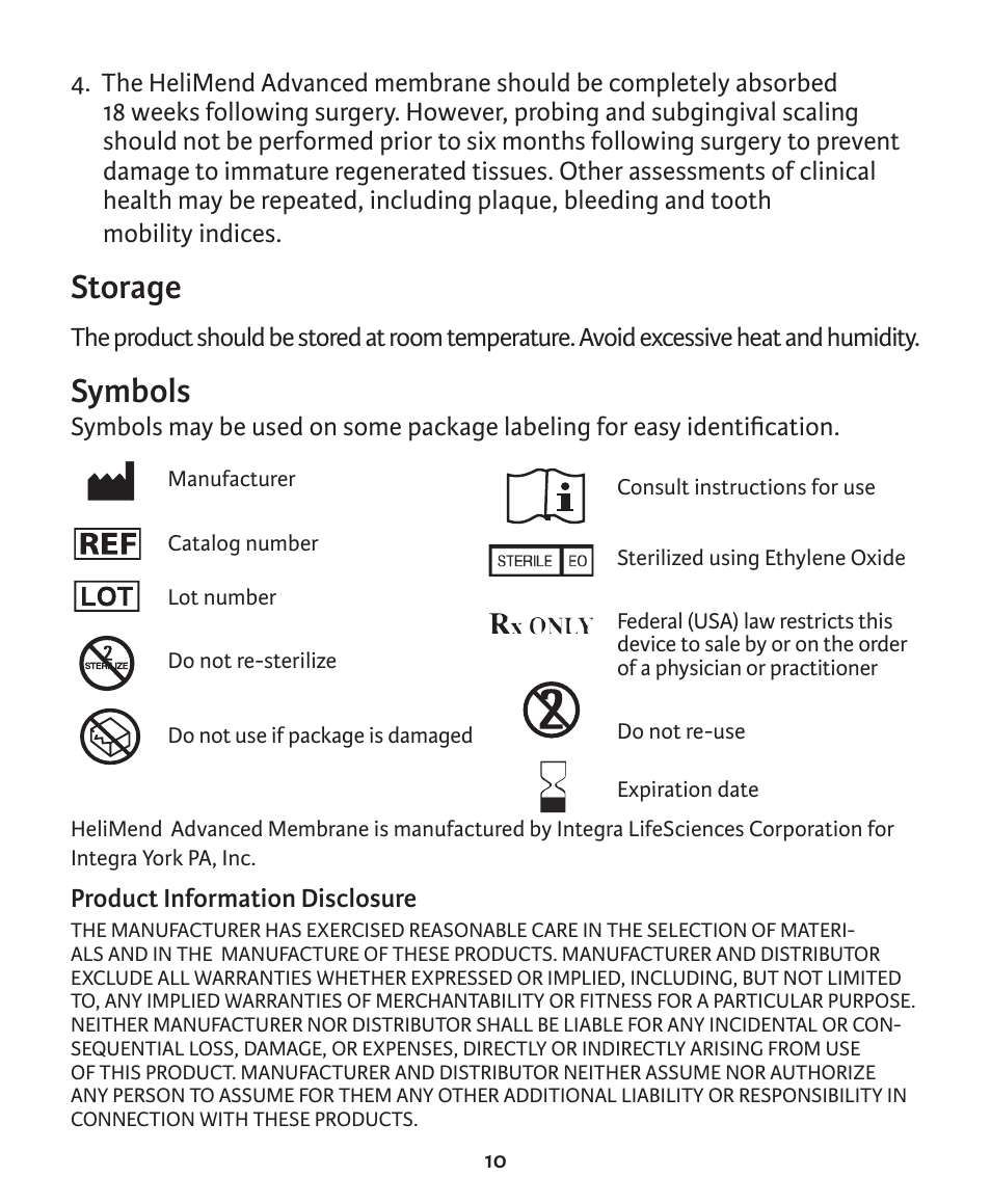 Storage, Symbols | Integra LifeSciences Collagen Membrane, HeliMend Advanced  User Manual | Page 10 / 65