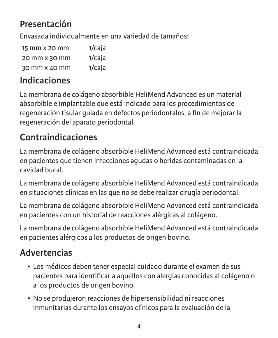 Presentación, Indicaciones, Contraindicaciones | Advertencias | Integra LifeSciences Collagen Membrane, HeliMend Advanced  User Manual | Page 14 / 65