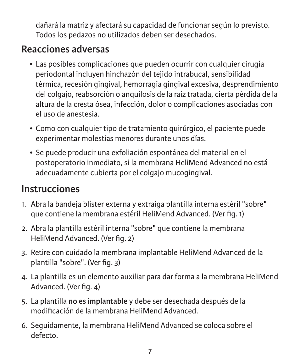 Reacciones adversas, Instrucciones | Integra LifeSciences Collagen Membrane, HeliMend Advanced  User Manual | Page 17 / 65