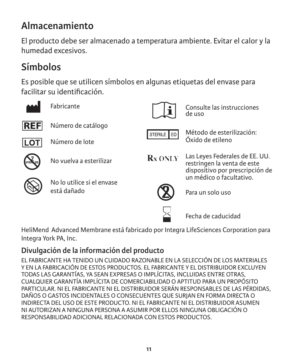 Almacenamiento, Símbolos | Integra LifeSciences Collagen Membrane, HeliMend Advanced  User Manual | Page 21 / 65