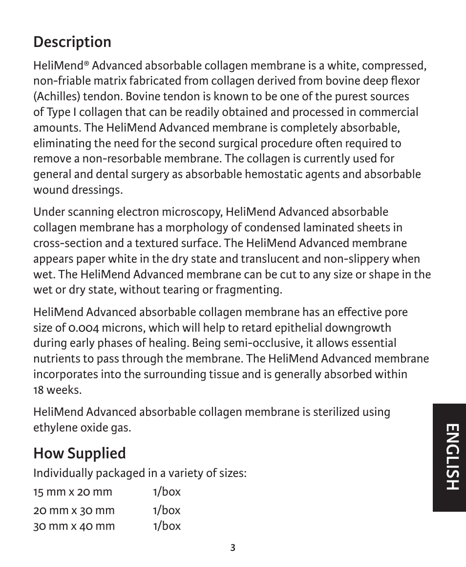 English | Integra LifeSciences Collagen Membrane, HeliMend Advanced  User Manual | Page 3 / 65