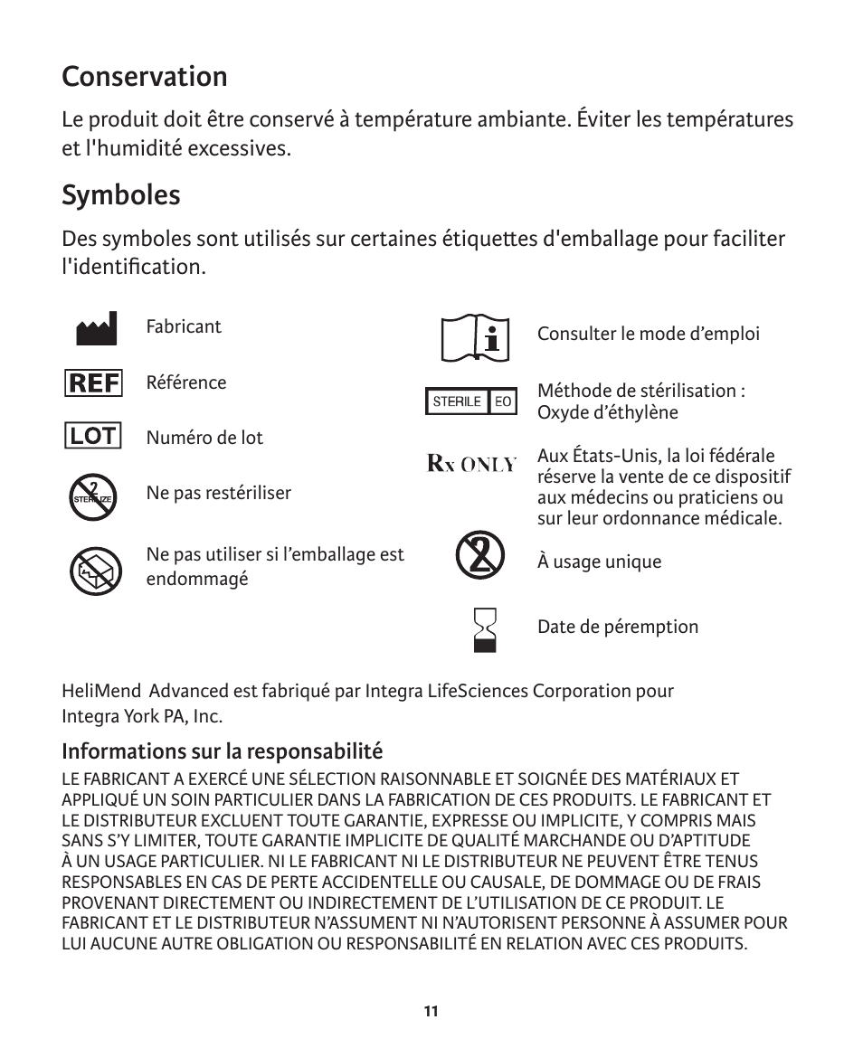 Conservation, Symboles | Integra LifeSciences Collagen Membrane, HeliMend Advanced  User Manual | Page 32 / 65