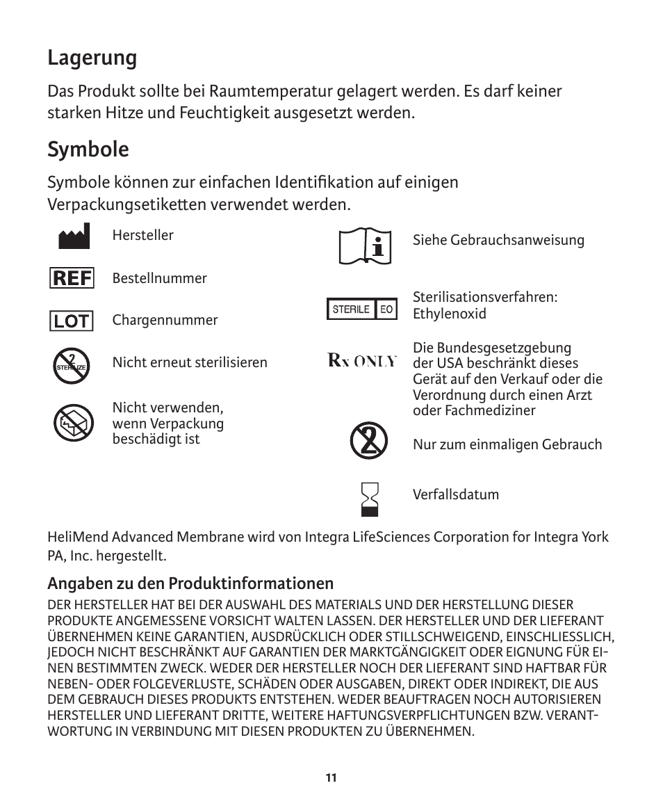 Lagerung, Symbole | Integra LifeSciences Collagen Membrane, HeliMend Advanced  User Manual | Page 43 / 65