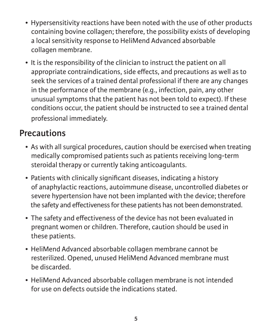 Precautions | Integra LifeSciences Collagen Membrane, HeliMend Advanced  User Manual | Page 5 / 65