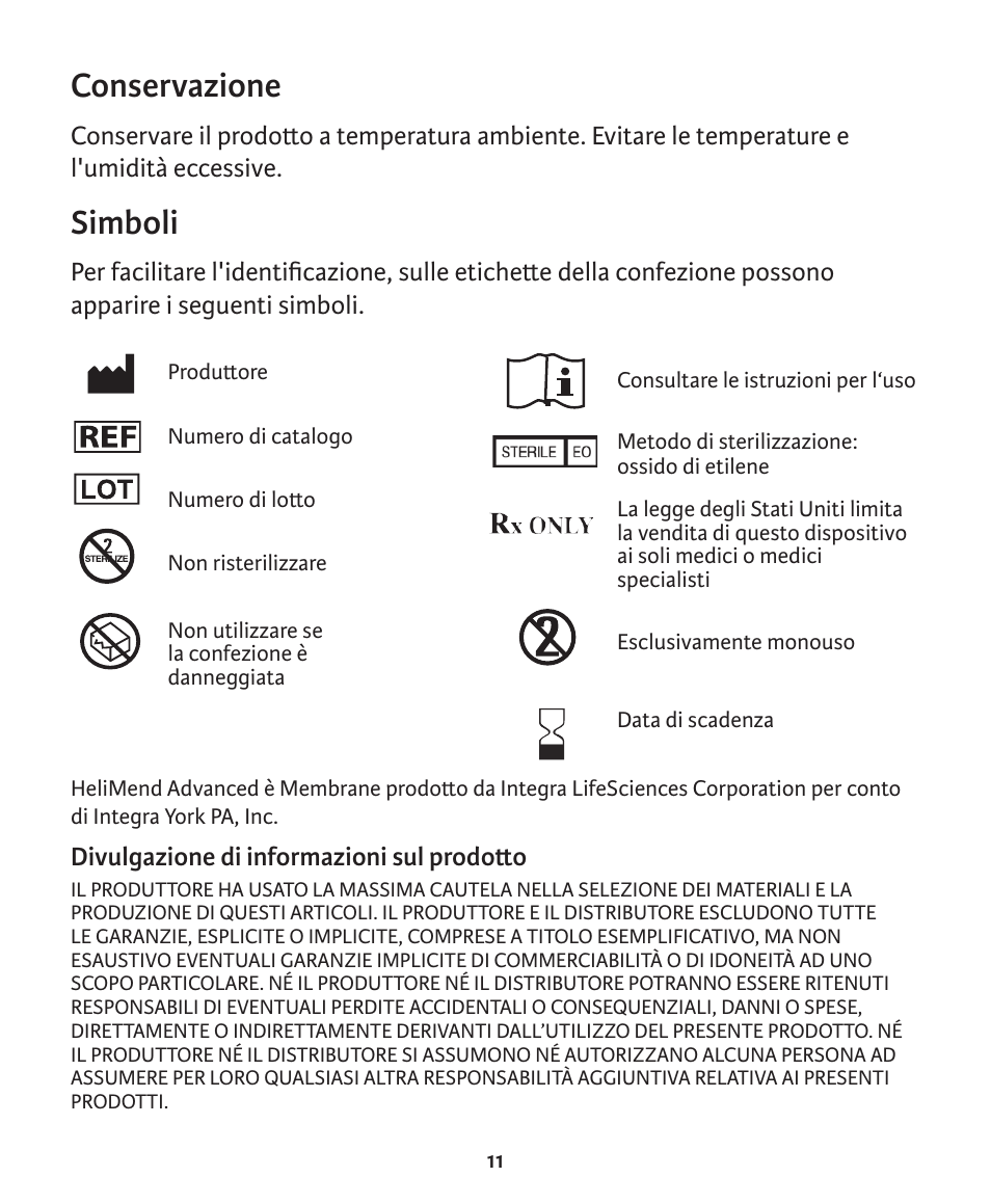 Conservazione, Simboli | Integra LifeSciences Collagen Membrane, HeliMend Advanced  User Manual | Page 54 / 65