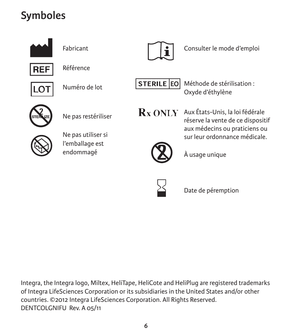 Symboles | Integra LifeSciences Collagen Wound Dressing, HeliTape, HeliCote, HeliPlug User Manual | Page 23 / 48