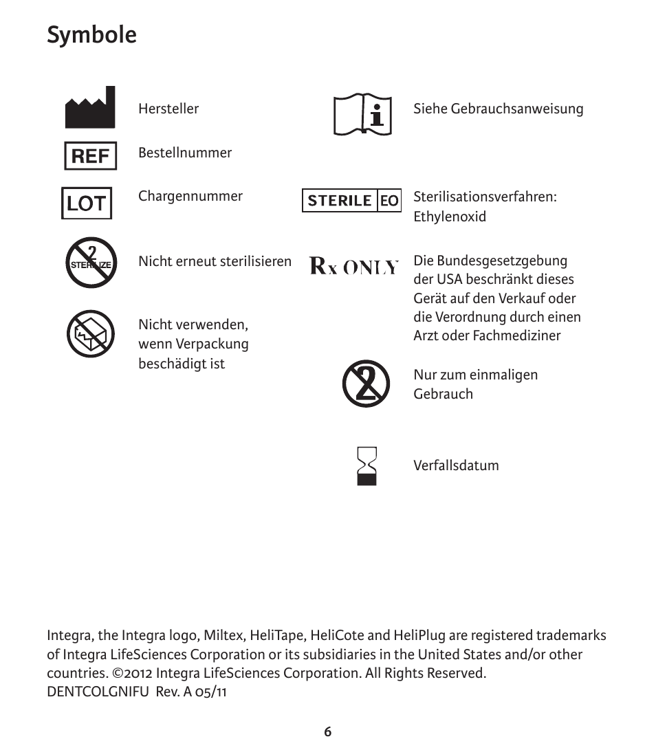Symbole | Integra LifeSciences Collagen Wound Dressing, HeliTape, HeliCote, HeliPlug User Manual | Page 31 / 48