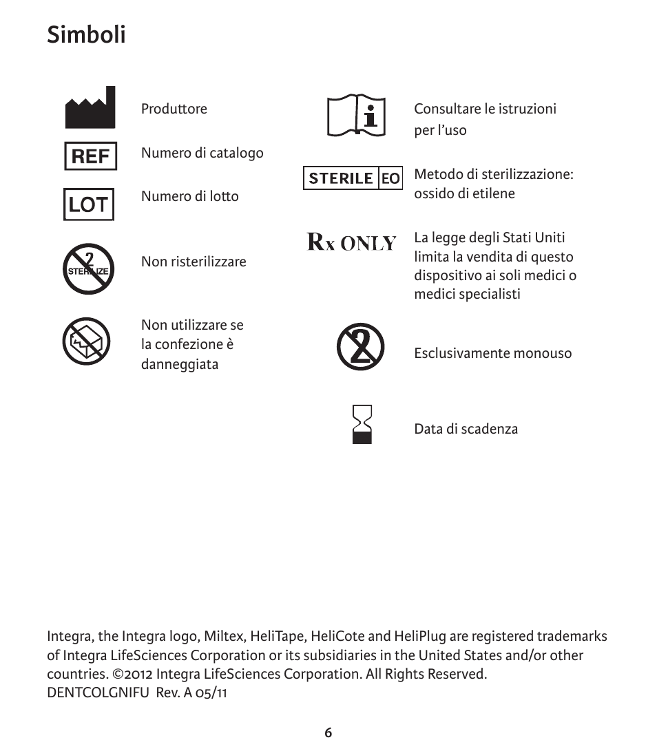 Simboli | Integra LifeSciences Collagen Wound Dressing, HeliTape, HeliCote, HeliPlug User Manual | Page 39 / 48