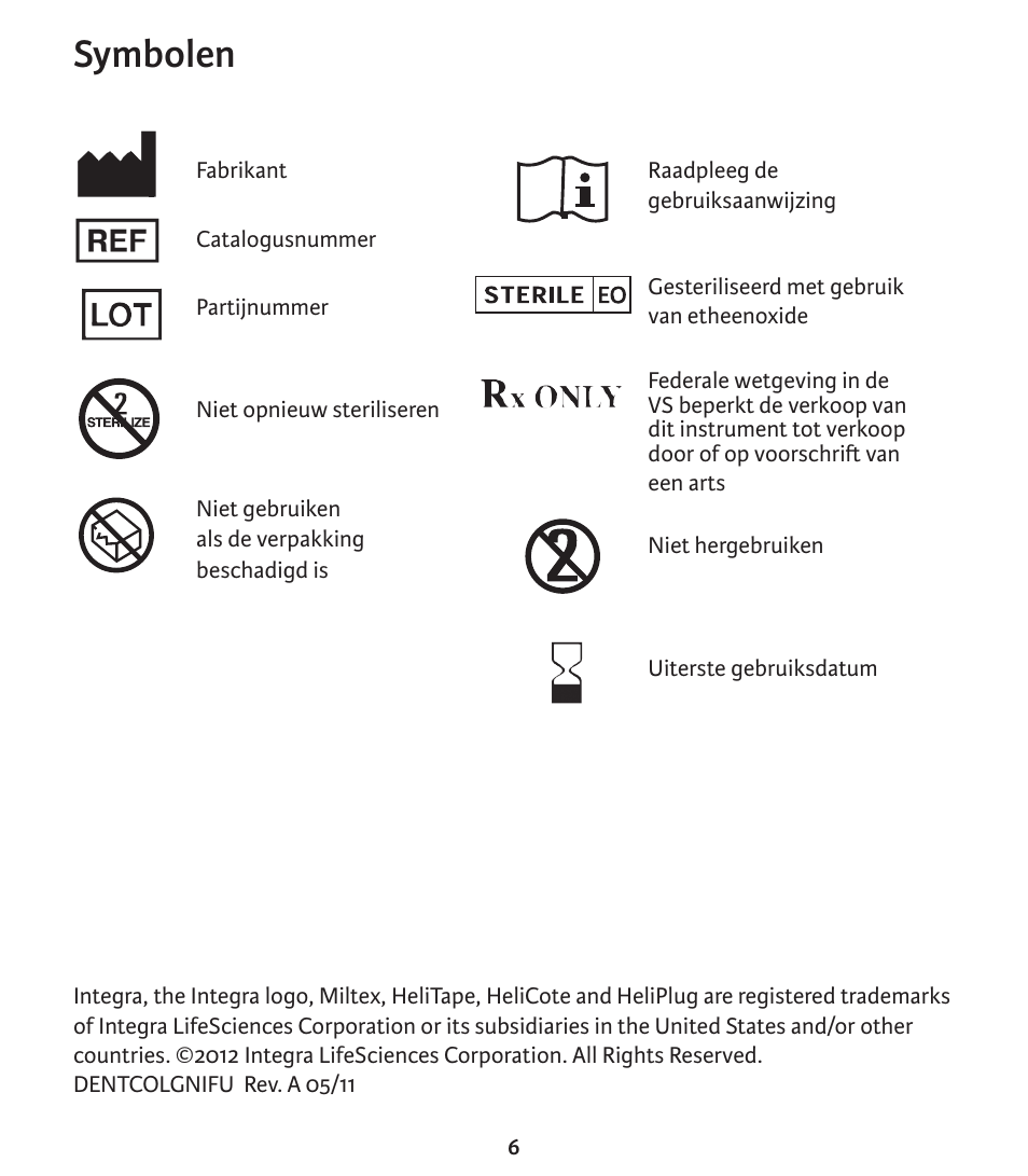 Symbolen | Integra LifeSciences Collagen Wound Dressing, HeliTape, HeliCote, HeliPlug User Manual | Page 47 / 48
