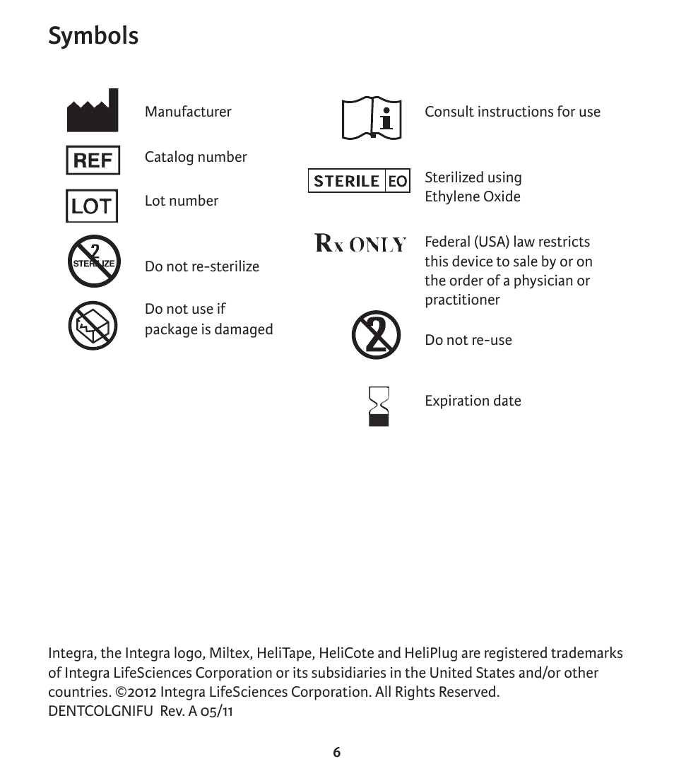 Symbols | Integra LifeSciences Collagen Wound Dressing, HeliTape, HeliCote, HeliPlug User Manual | Page 7 / 48