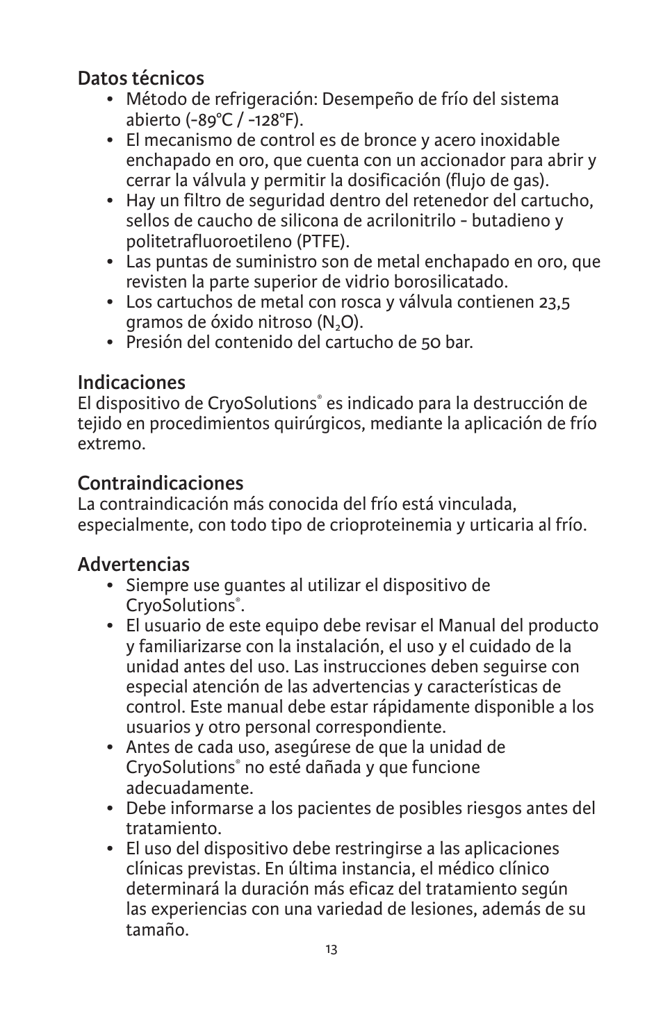 Datos técnicos, Indicaciones, Contraindicaciones | Advertencias | Integra LifeSciences CryoSolutions Cryosurgical Unit User Manual | Page 13 / 60