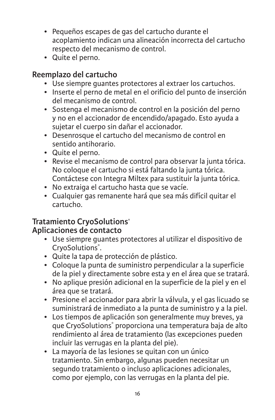 Reemplazo del cartucho, Tratamiento cryosolutions, Aplicaciones de contacto | Integra LifeSciences CryoSolutions Cryosurgical Unit User Manual | Page 16 / 60