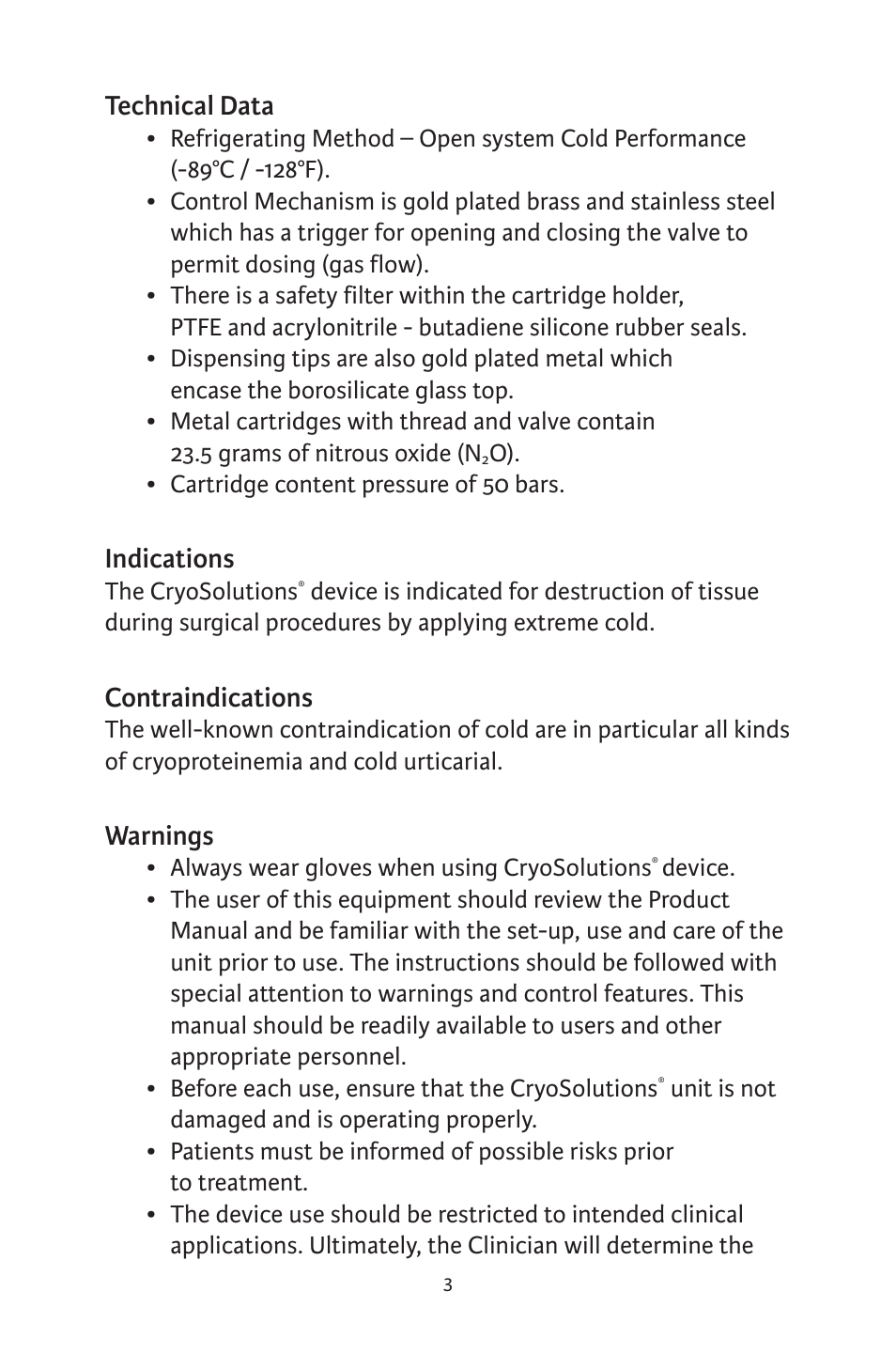 Technical data, Indications, Contraindications | Warnings | Integra LifeSciences CryoSolutions Cryosurgical Unit User Manual | Page 3 / 60