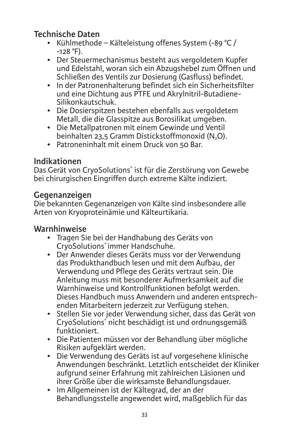 Technische daten, Indikationen, Gegenanzeigen | Warnhinweise | Integra LifeSciences CryoSolutions Cryosurgical Unit User Manual | Page 33 / 60