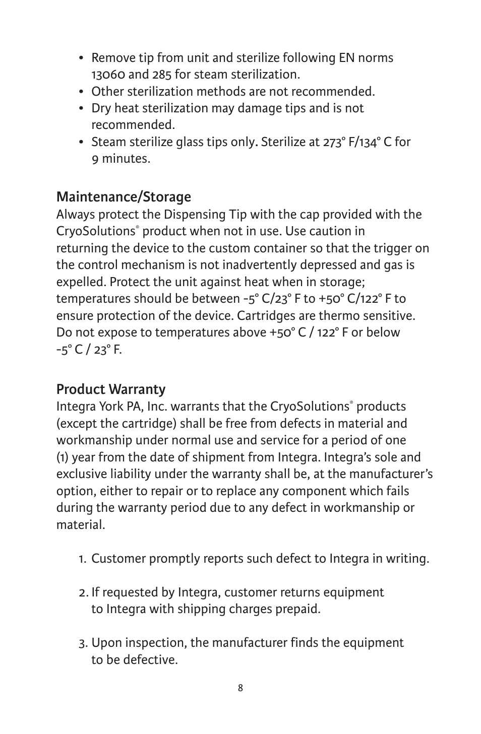 Maintenance/storage, Product warranty | Integra LifeSciences CryoSolutions Cryosurgical Unit User Manual | Page 8 / 60