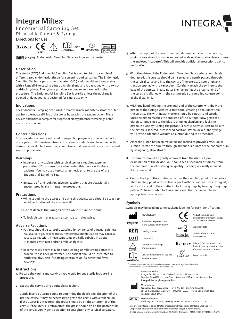Integra LifeSciences Endometrial Sampling Set, Disposable Curette and Syringe User Manual | 6 pages