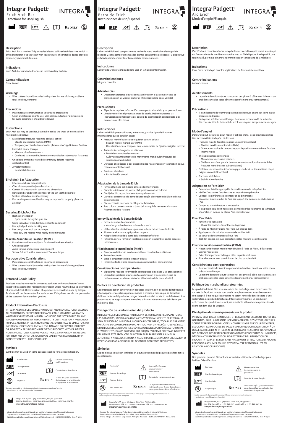 Integra LifeSciences Erich Arch Bar User Manual | 2 pages