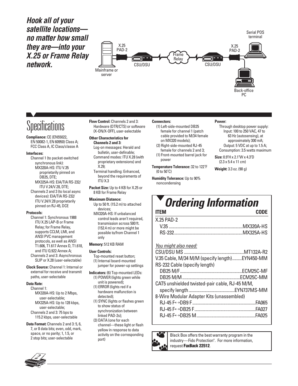 Specifications, Ordering information | Black Box X.25 PAD-2 User Manual | Page 2 / 2