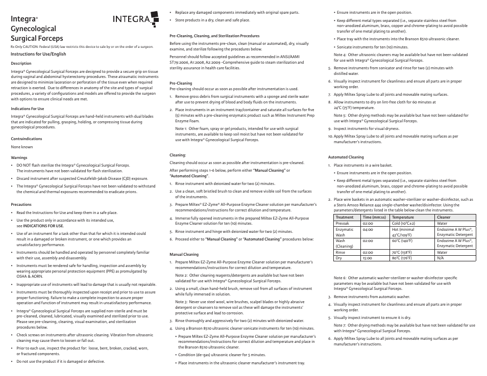Integra LifeSciences Forceps, Gynecological Surgical User Manual | 12 pages