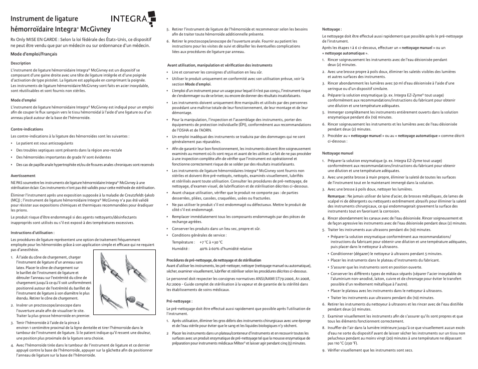 Instrument, De ligature hémorroïdaire integra, Mcgivney | Integra LifeSciences Hemorrhoidal Ligator, McGivney User Manual | Page 5 / 12