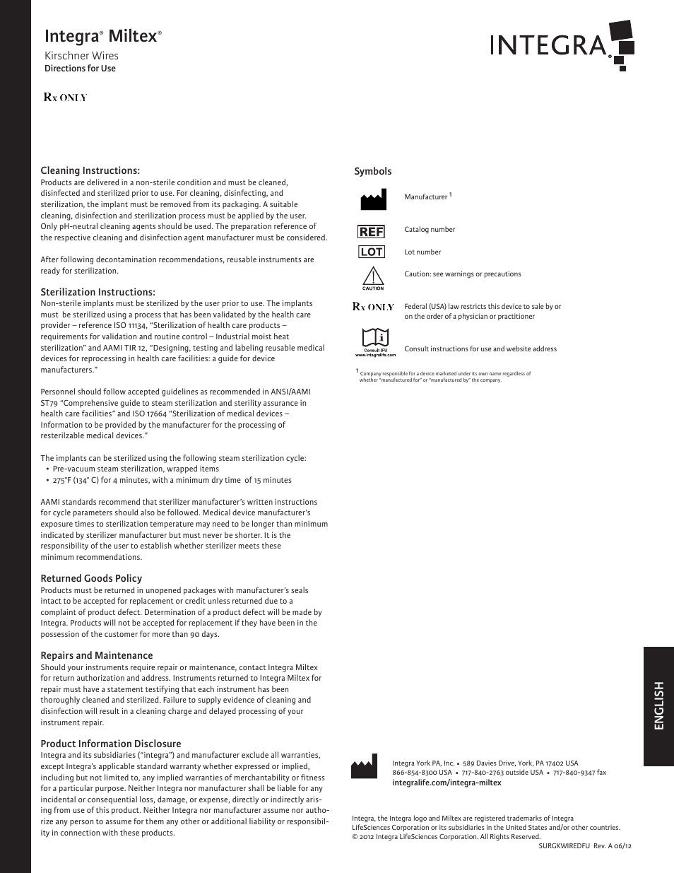 Integra, Miltex, English | Kirschner wires | Integra LifeSciences Kirschner Wires User Manual | Page 2 / 12