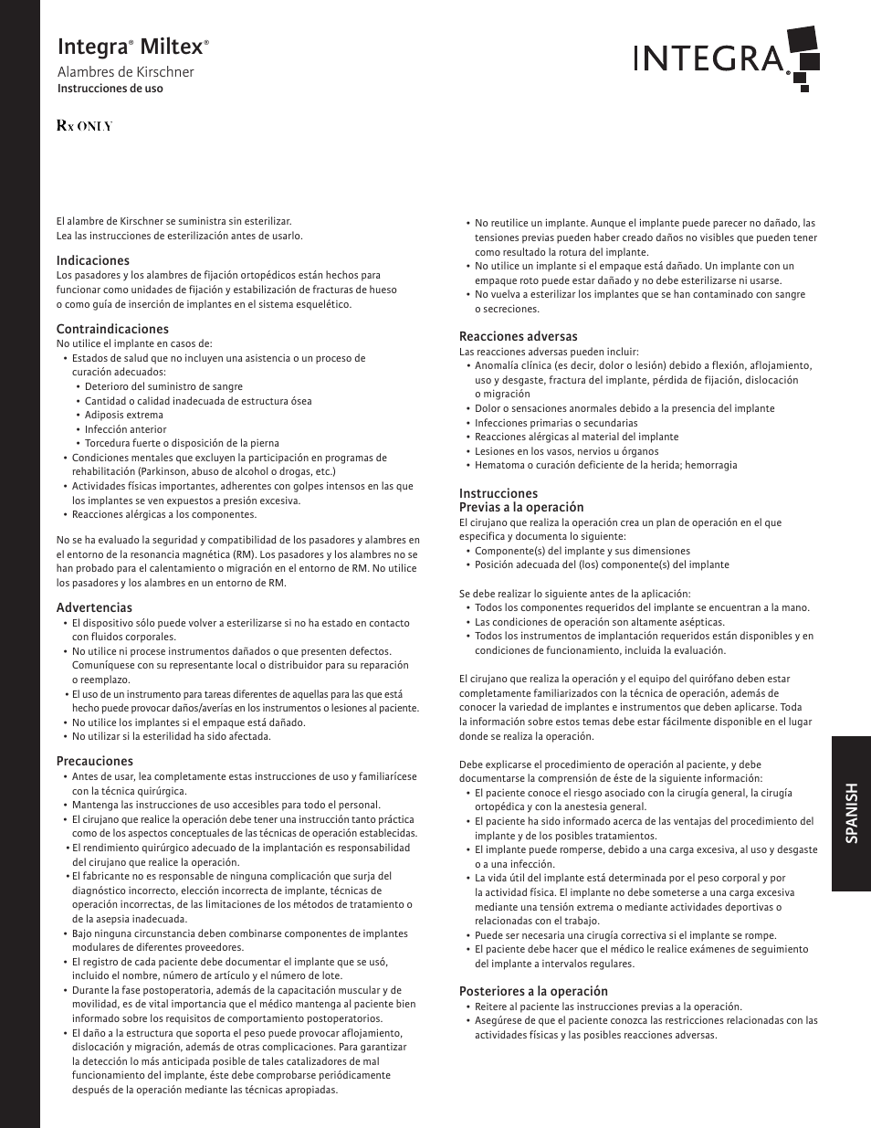 Integra, Miltex, Sp anish | Alambres de kirschner | Integra LifeSciences Kirschner Wires User Manual | Page 3 / 12
