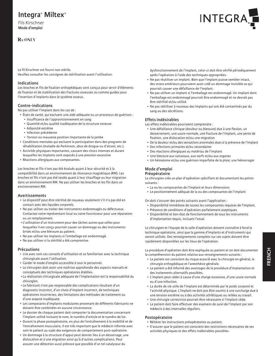 Integra, Miltex, French | Fils kirschner | Integra LifeSciences Kirschner Wires User Manual | Page 5 / 12