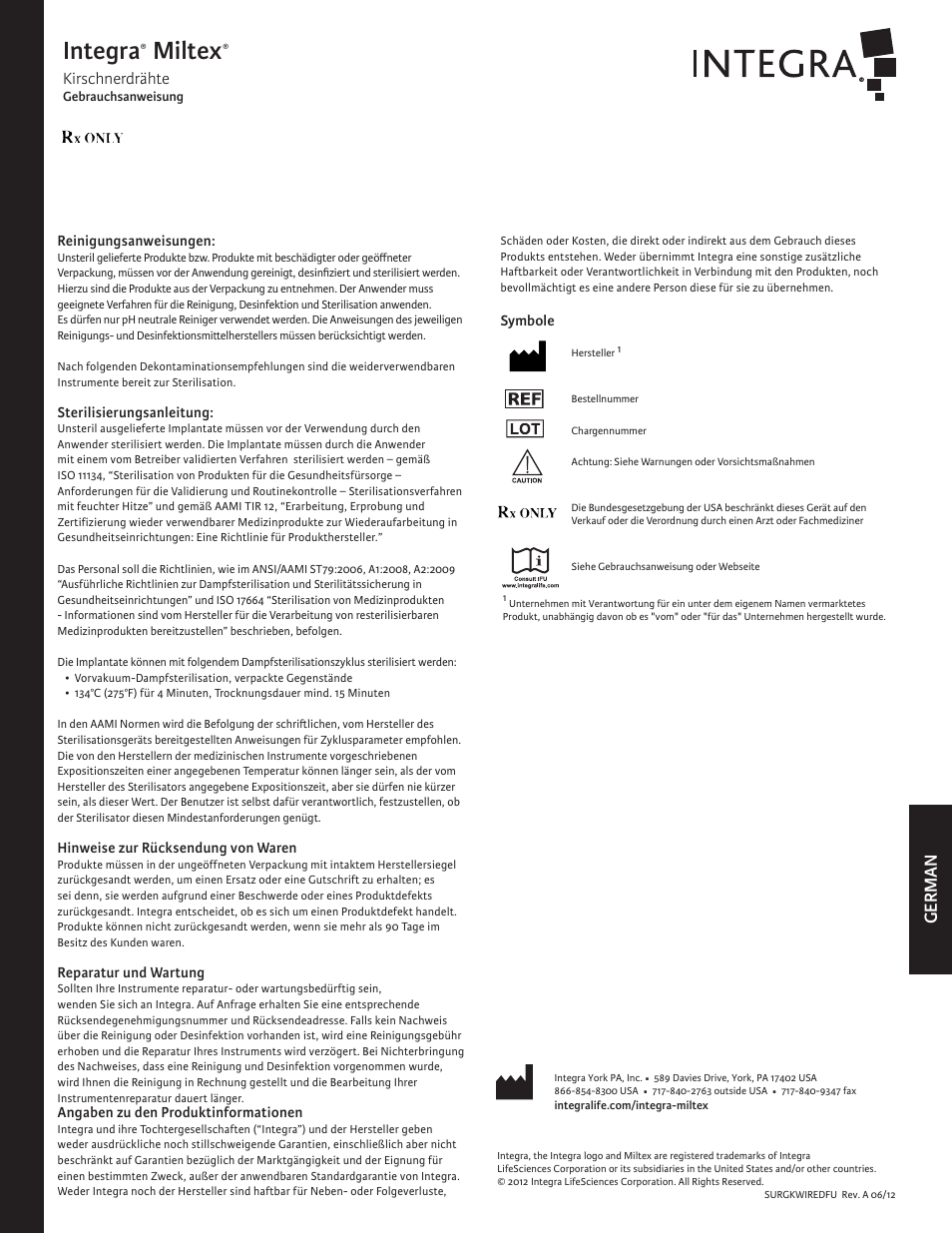 Integra, Miltex, German | Kirschnerdrähte | Integra LifeSciences Kirschner Wires User Manual | Page 8 / 12