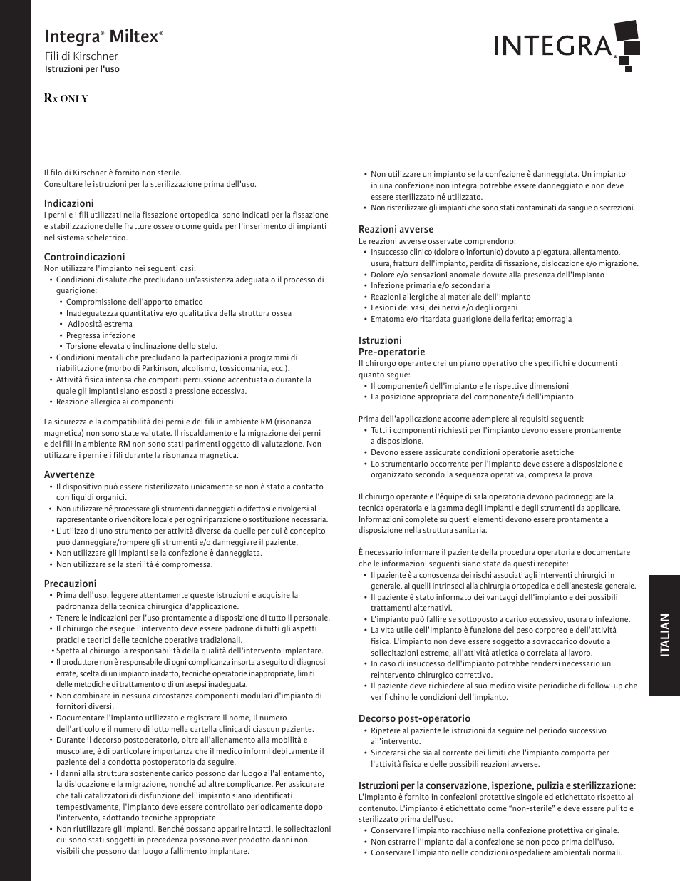 Integra, Miltex, It alian | Fili di kirschner | Integra LifeSciences Kirschner Wires User Manual | Page 9 / 12