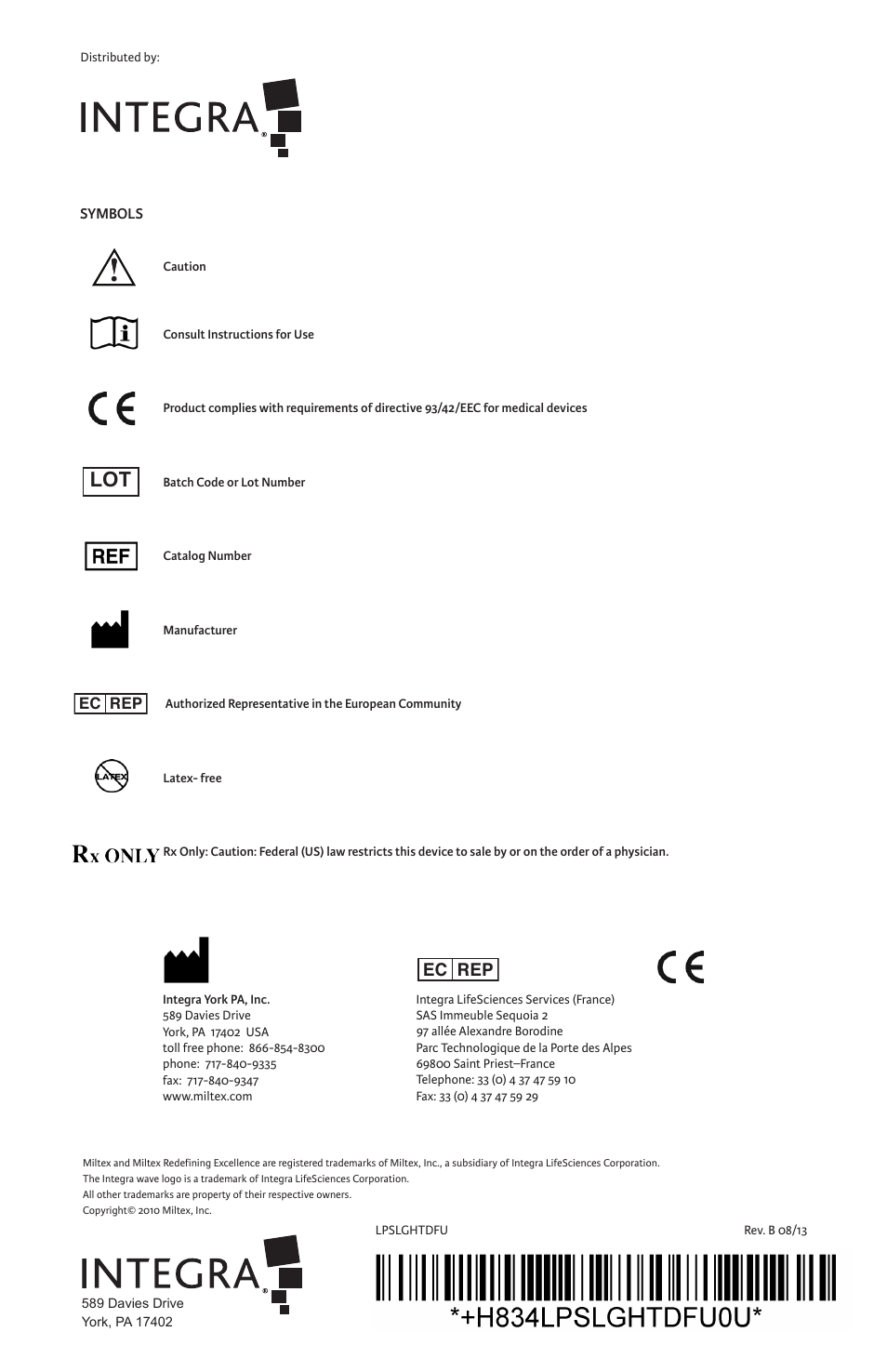 Ec rep | Integra LifeSciences LED Loupes Light Source, Portable User Manual | Page 16 / 16