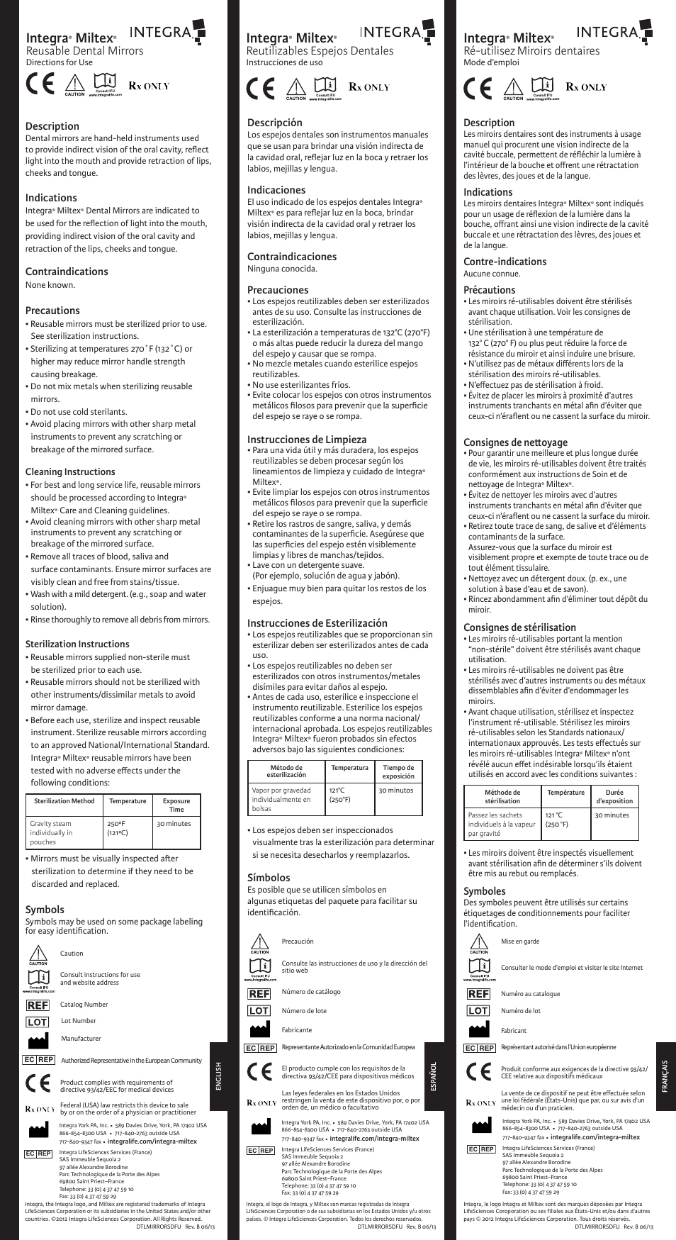 Integra LifeSciences Mirrors, Reusable Dental User Manual | 2 pages