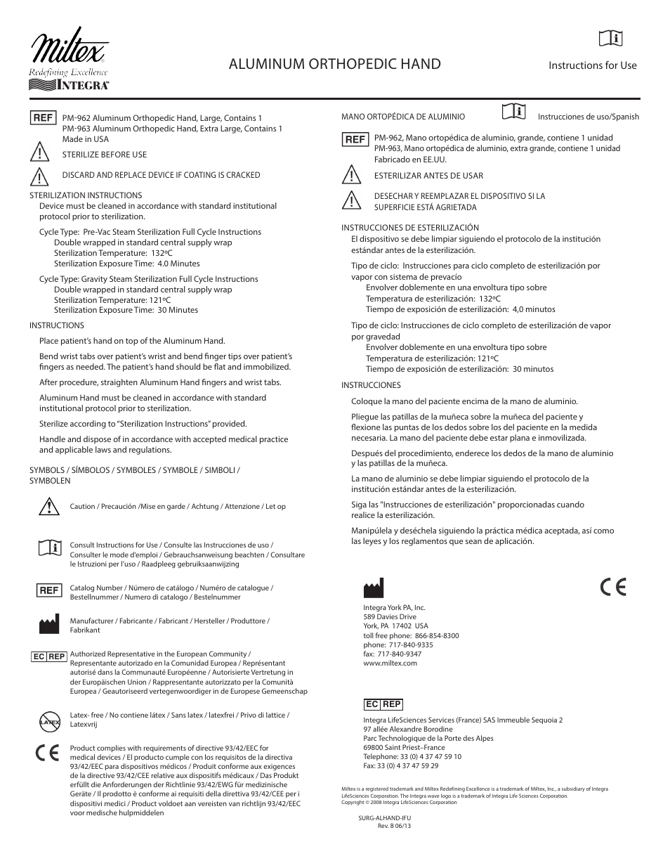 Integra LifeSciences Orthopedic Hand, Aluminum User Manual | 2 pages