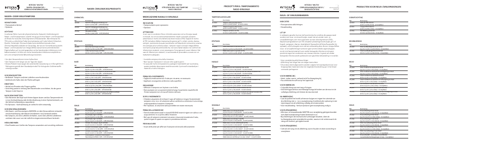 Nasen-/sinuswickelprodukte, Medicazione nasale o sinusale, Prodotti per il tamponamento naso-sinusale | Neus- of sinusverbanden, Producten voor neus-/sinuspakkingen, Nasen- oder sinustampons | Integra LifeSciences Packing, Nasal-Sinus User Manual | Page 2 / 2