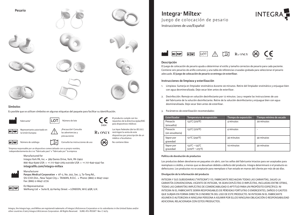 Integra, Miltex, Juego de colocación de pesario | Integra LifeSciences Pessary Fitting Set User Manual | Page 2 / 6