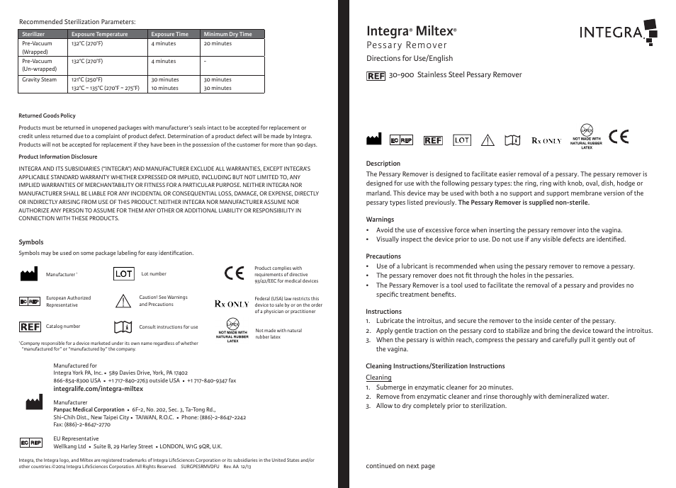 Integra LifeSciences Pessary Remover User Manual | 6 pages
