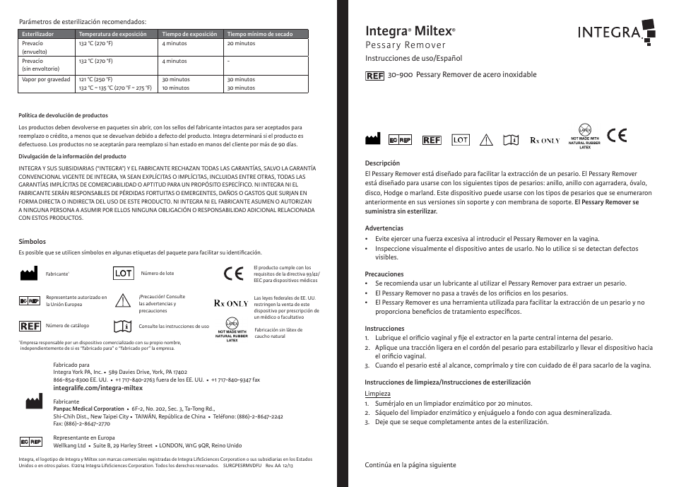 Integra, Miltex, Pessary remover | Integra LifeSciences Pessary Remover User Manual | Page 2 / 6