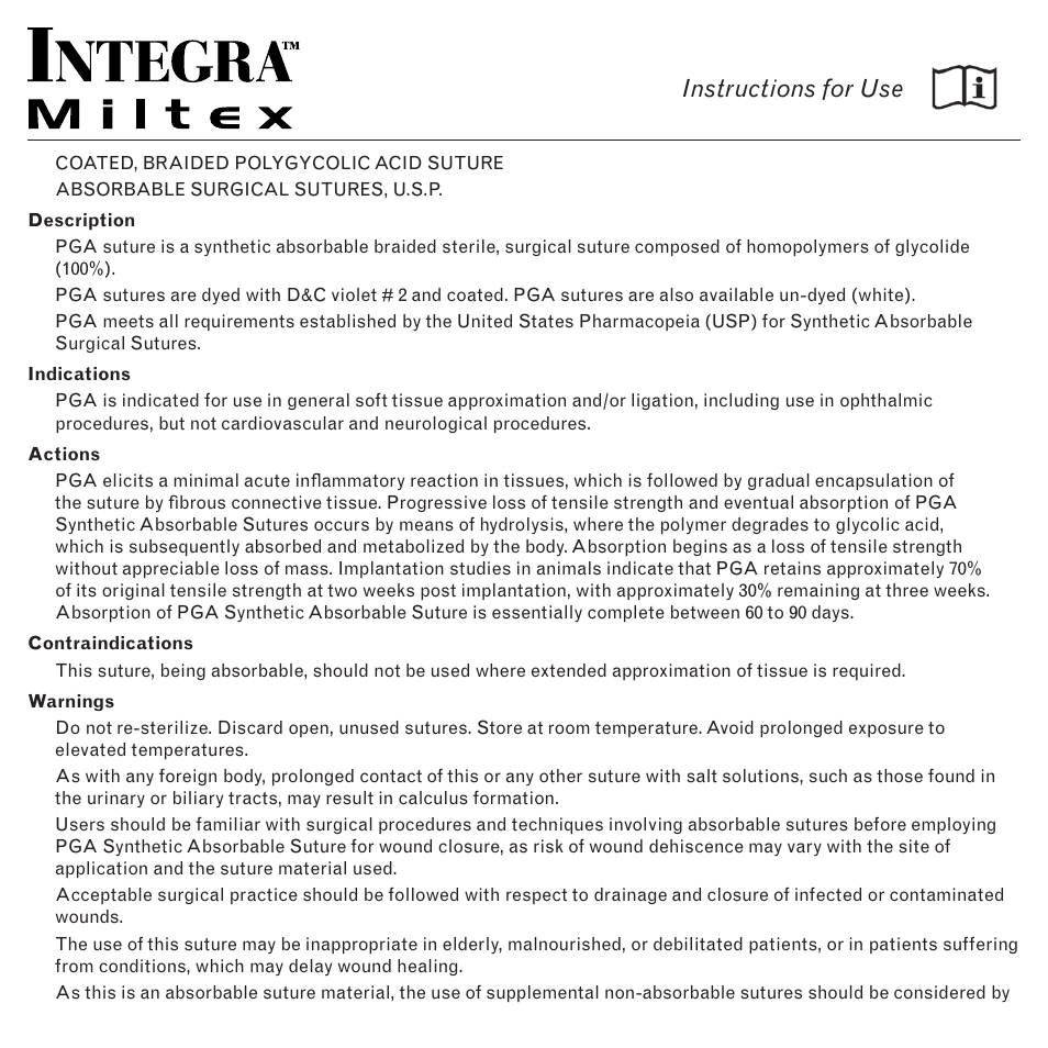 Integra LifeSciences Sutures, Coated, Braided Polygycolic Acid, Absorbable User Manual | 2 pages