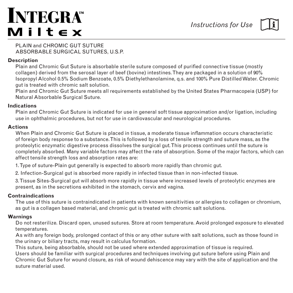 Integra LifeSciences Sutures, Plain and Chromic Gut, Absorbable User Manual | 2 pages