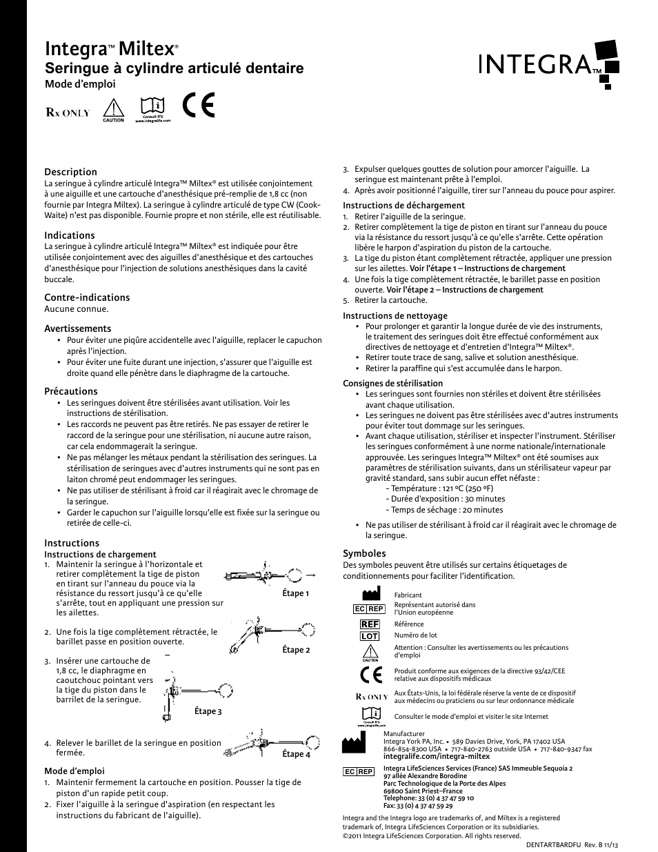 Integra, Miltex, Seringue à cylindre articulé dentaire | Mode d’emploi | Integra LifeSciences Syringe, Articulating Barrel User Manual | Page 2 / 6