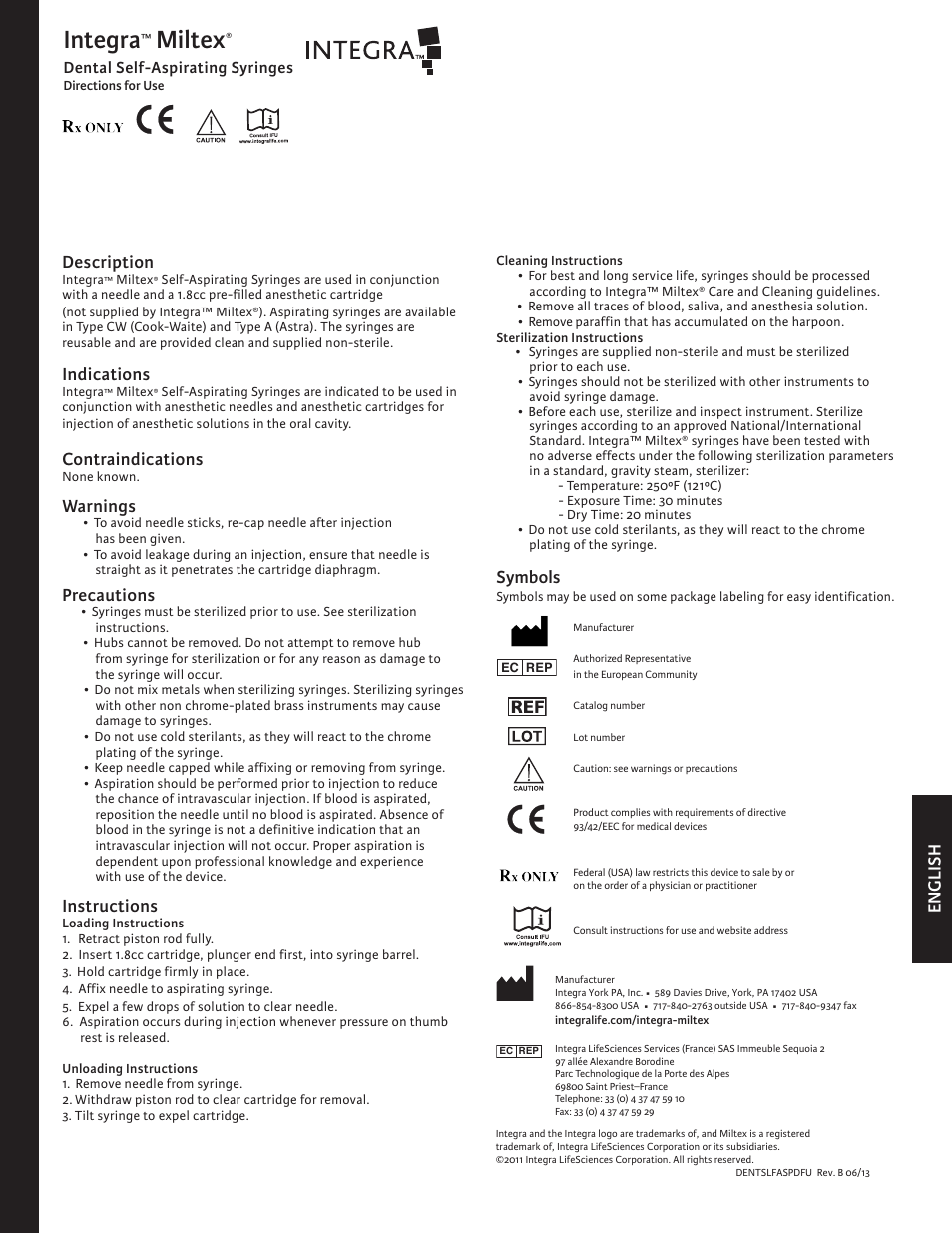 Integra LifeSciences Syringes, Dental Self-Aspirating User Manual | 6 pages