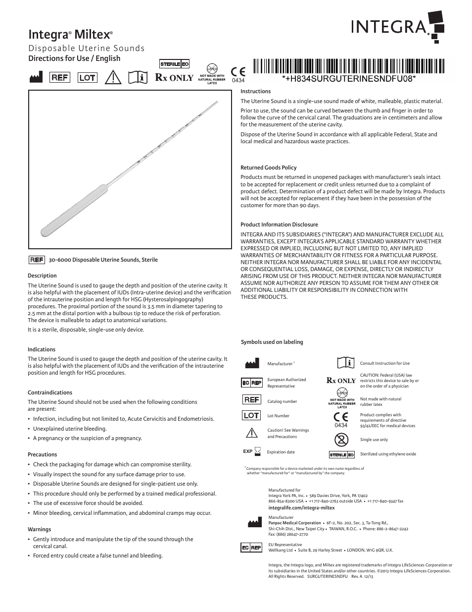 Integra LifeSciences Uterine Sound, Disposable User Manual | 6 pages