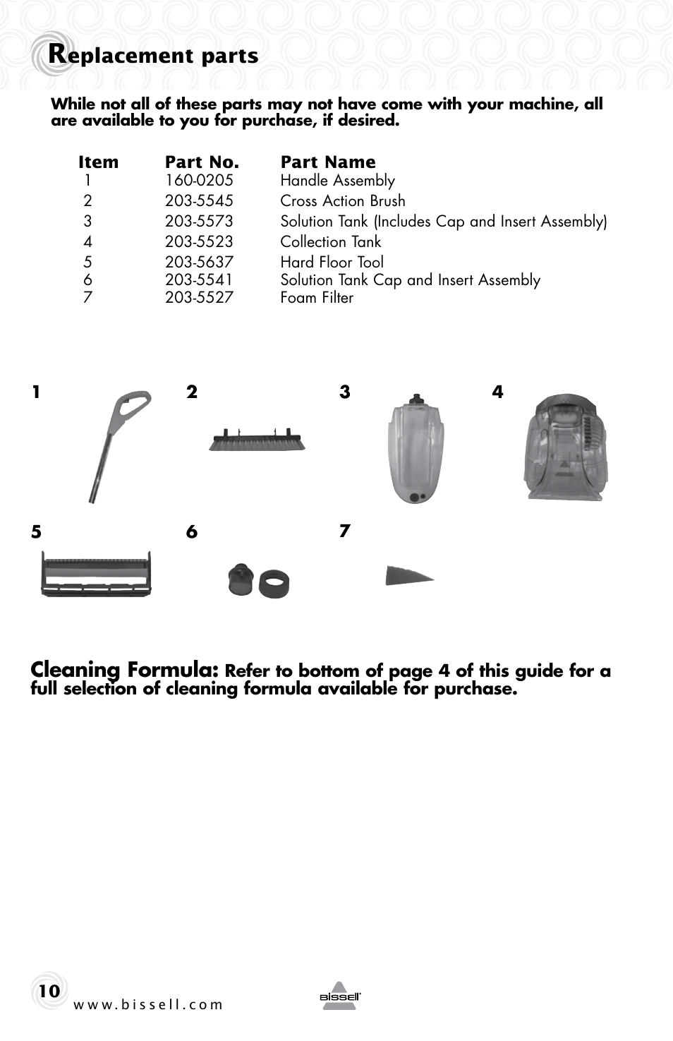 Eplacement parts, Cleaning formula | Bissell 54K2E User Manual | Page 10 / 12