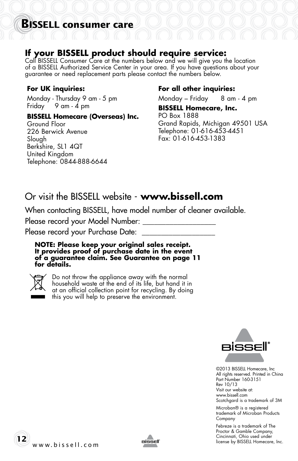 Issell consumer care, If your bissell product should require service | Bissell 54K2E User Manual | Page 12 / 12