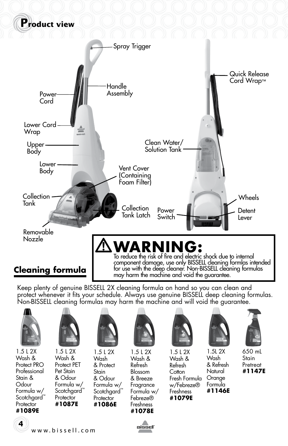 Warning, Cleaning formula, Roduct view | Bissell 54K2E User Manual | Page 4 / 12