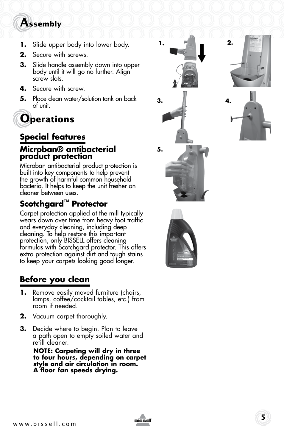 Perations, Scotchgard, Protector | Before you clean | Bissell 54K2E User Manual | Page 5 / 12