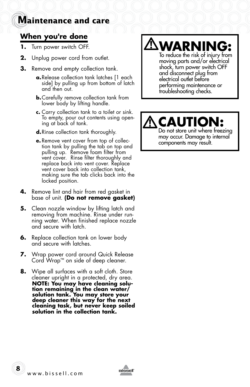 Warning, Caution, Aintenance and care | When you're done | Bissell 54K2E User Manual | Page 8 / 12
