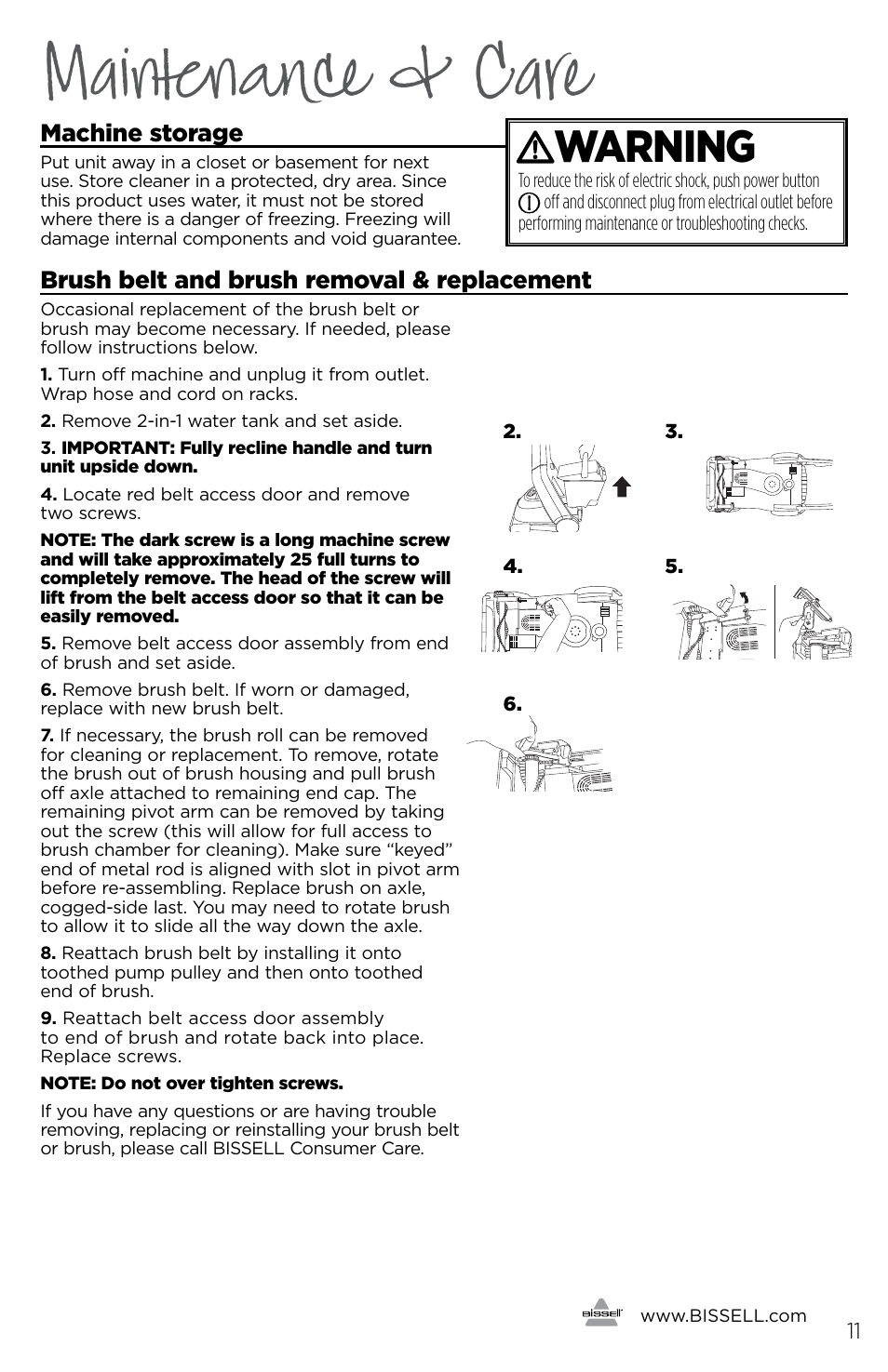 Maintenance & care, Warning, Machine storage | Brush belt and brush removal & replacement | Bissell 32781B User Manual | Page 11 / 16