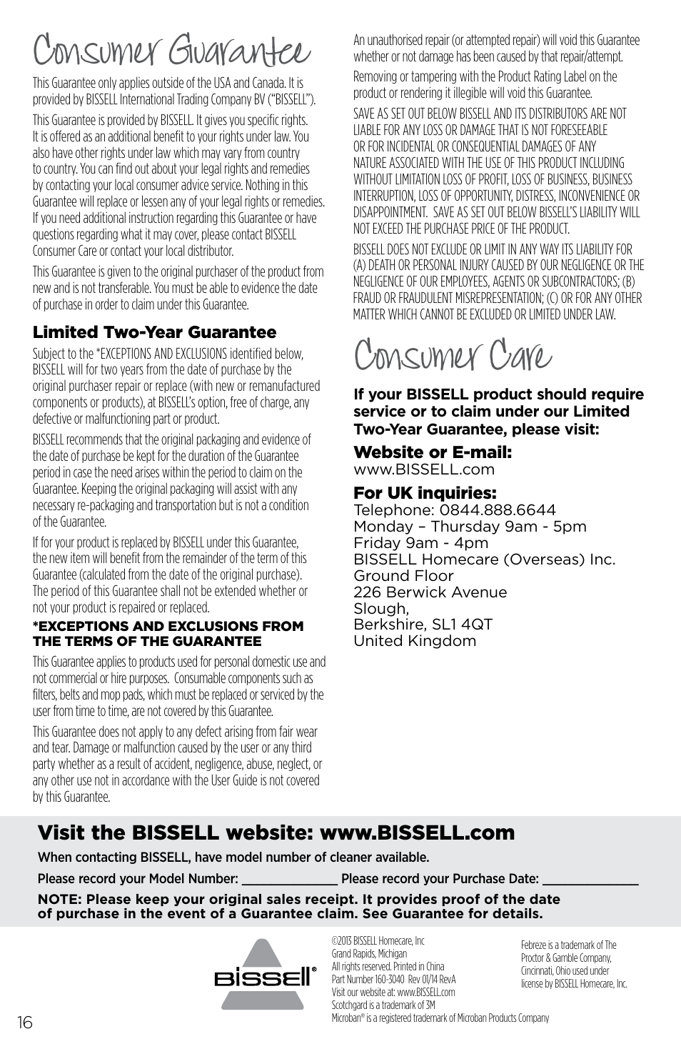 Consumer guarantee, Consumer care | Bissell 32781B User Manual | Page 16 / 16