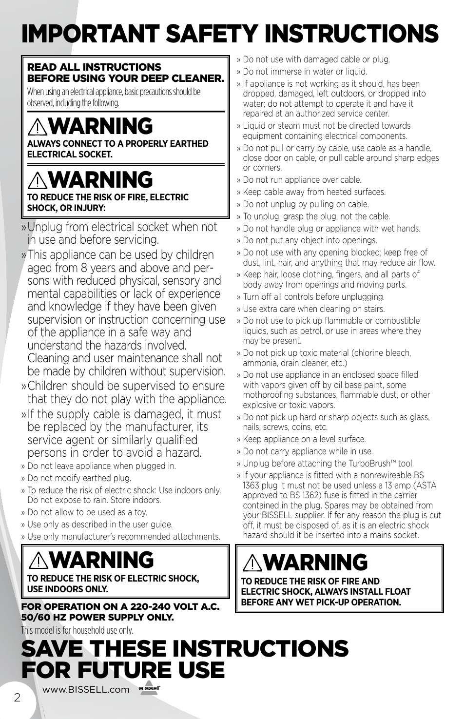 Important safety instructions, Warning, Save these instructions for future use | Bissell 32781B User Manual | Page 2 / 16