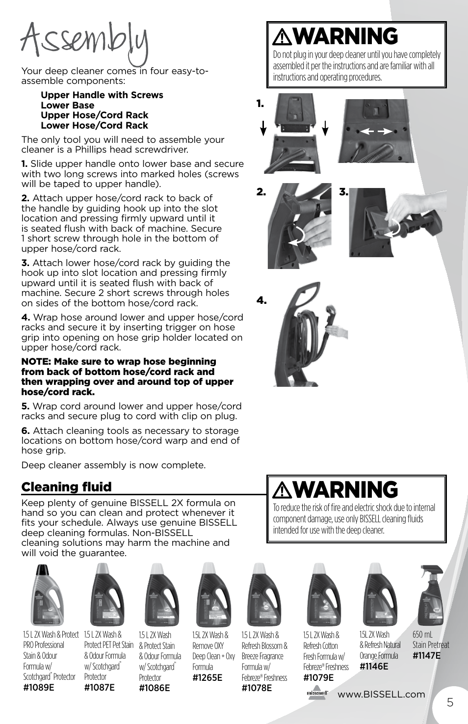 Assembly, Warning, Cleaning fluid | Bissell 32781B User Manual | Page 5 / 16